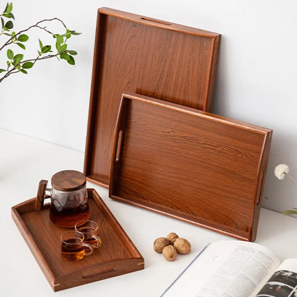 Wooden Tea Tray Handmade Rectangular Serving Tray With Cut Out Handles Handmade Raised Edge Snacks Kitchen Tray For Home